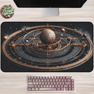 Steampunk Orrery Desk Mat: Copper Planetarium Space Design, Celestial Mechanical Orbit Art, Gothic Fantasy Office Decor for Gamers Writers