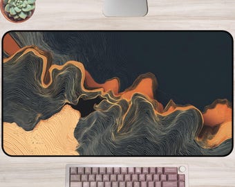抽象的な地形をモチーフにしたデスクマット／マウスパッド：モダンなネイビーオレンジのワークスペース装飾、ミニマルな輪郭線デザインのオフィスアクセサリー