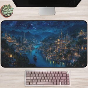 Celestial Fantasy City Schreibtischmatte: Sternenfluss Nachtlandschaft, verträumte Romantik Schloss Bürodeko, magische Buchkunst