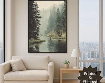 Fly Fishing Wall Art: Vintage River Print, Rustic Woodland Decor