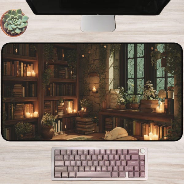 Cozy Cottagecore Library Desk Mat Bookish Aesthetic Medieval Fantasy Cat Gamer Mat Botanical Study Room Decor Cute Office Gift
