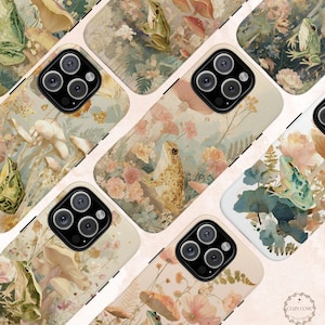 Cottagecore Frog Phone Case, Mushroom Floral Aesthetic, Protective Tough iPhone Samsung Cover, Gift for Nature Lovers, Vintage Style
