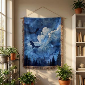 Midnight Dragons Woven Blanket: Celestial Fantasy Throw, Moonlit Gothic Decor image 3