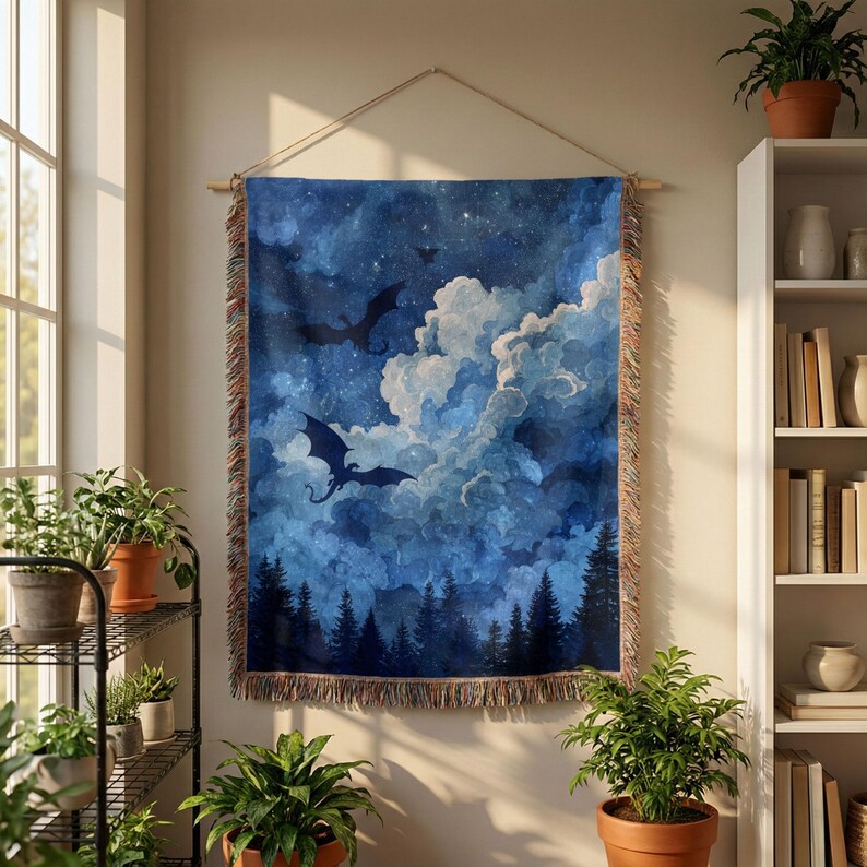Midnight Dragons Woven Blanket: Celestial Fantasy Throw, Moonlit Gothic Decor image 3