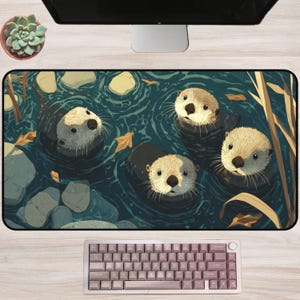 May include: A rectangular desk mat featuring an illustration of four otters swimming in a pond. The otters have light brown fur and dark eyes, surrounded by blue water, rocks, and reeds. A keyboard is at the bottom.