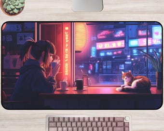 ローファイアニメカフェデスクマット、女の子と猫、居心地の良い夜の風景、コーヒーショップのネオンライト、ヴェイパーウェイヴの美的日本のチルアートパッド