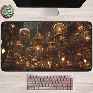 Steampunk Library Desk Mat/Mouse Pad: Dark Academia Bookish Workspace Decor, Vintage Brass Fantasy Office Accessory