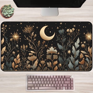 Celestial Desk Mat, Moon and Stars Gaming Mouse Pad, Gold Floral Night Sky Mousepad, Mystical Desk Decor, Elegant Cosmic Desk Cover