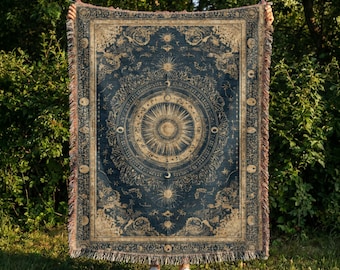 Celestial Zodiac Woven Blanket: Vintage Astrology Throw Antique Tarot Style Tapestry Midnight Blue Mystical Home Decor Booktok Gift
