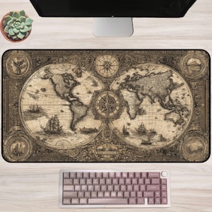 Antieke wereldkaart bureaumat/muismat: steampunk kompaskunst, vintage ontdekkingsreizigerdecor