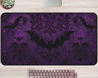 Gothic Bat Desk Mat Purple Damask Mouse Pad Dark Aesthetic Halloween Gaming Pad Spooky Office Decor Creepy Cute Vampire Desk Accessory