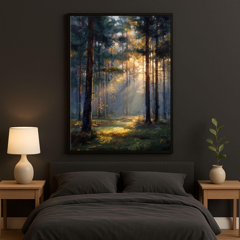 Misty Forest Wall Art Sunrise Woodland Painting Print Golden Light ...