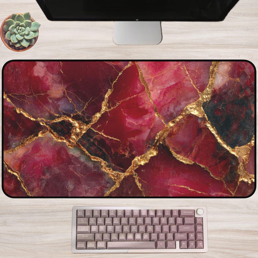 Ruby Red Desk Ruby Red Desk Mat: Luxe Crimson Stone Texture, Gold Veined Marble ...