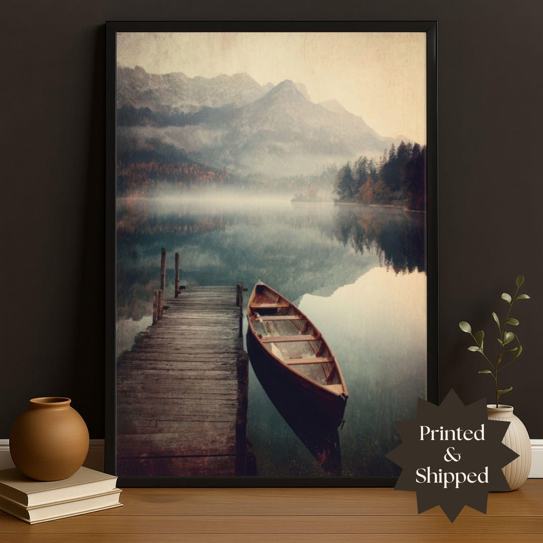 Vintage Lake Dock Poster Canoe Boat Wall Art Misty Mountain Morning ...