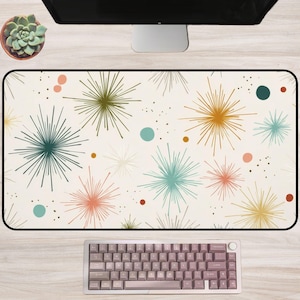Retro Atomic Starburst Desk Mat Vintage Mid Century Modern Office Mouse Pad Pastel Mod Pattern Atomic Era Style Large Desk Accessory