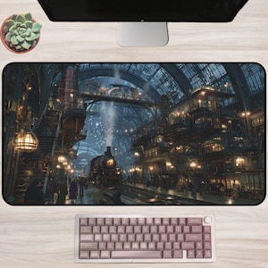 Steampunk Train Station Desk Mat/Mouse Pad: Industrial Fantasy Railway Design, Victorian Gaming Office Decor, Dark Academia Desk Pad