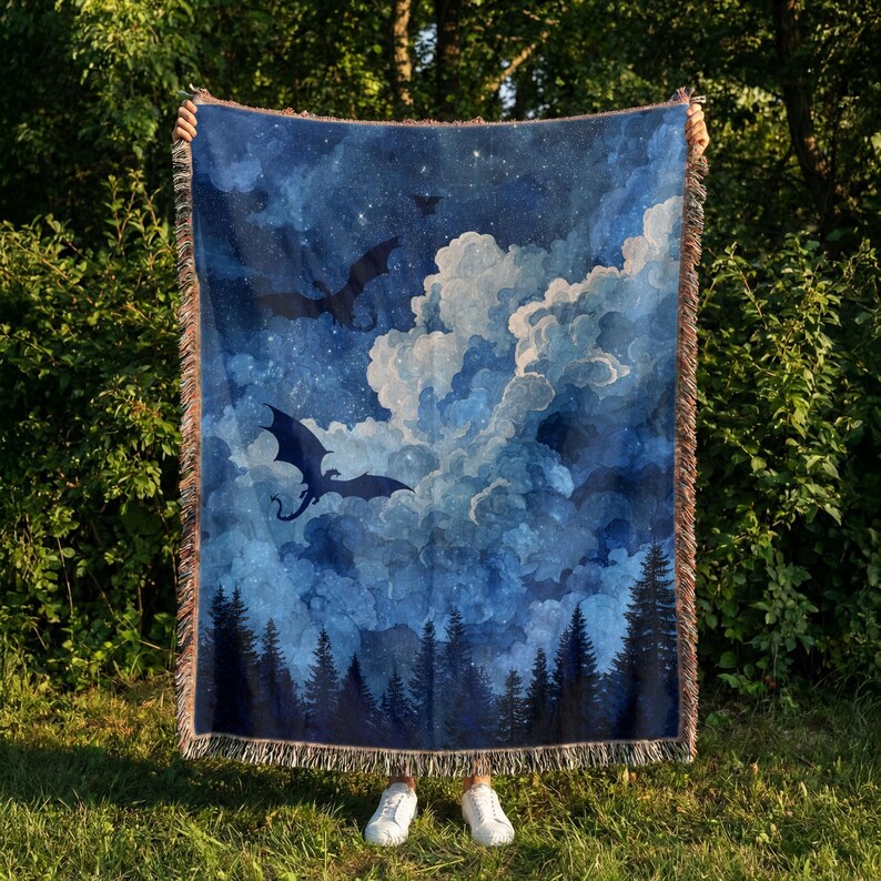 Midnight Dragons Woven Blanket: Celestial Fantasy Throw, Moonlit Gothic Decor image 2