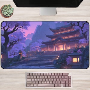 Japanese Temple Lantern Path Desk Mat, Sakura Blossom Sunset Scene, Tranquil Zen Garden Art, Peaceful Asian Architecture Design