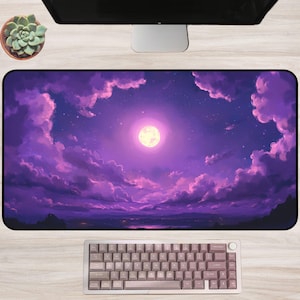 Celestial Moonlight Gaming Desk Mat Large Mouse Pad Purple Night Sky Clouds Starry Fantasy Landscape Computer Accessory Gift