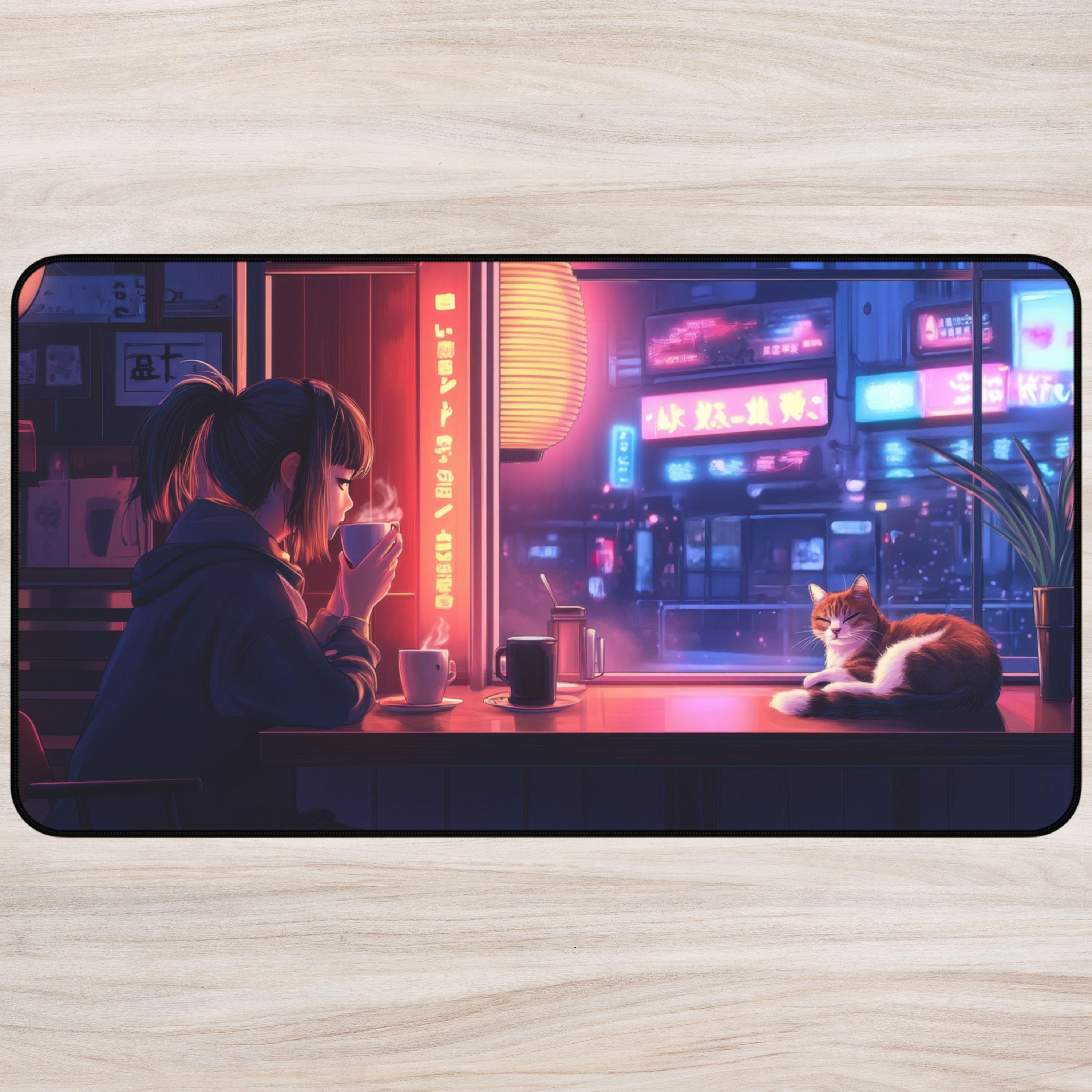 Lo Fi Anime Cafe Desk Mat With Girl and Cat Cozy Night Scene Coffee ...