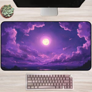 Celestial Purple Moon Desk Mat, Large Gaming Mouse Pad, Fantasy Sky Desk Mat with Stars and Clouds, Office Computer Desk Decor