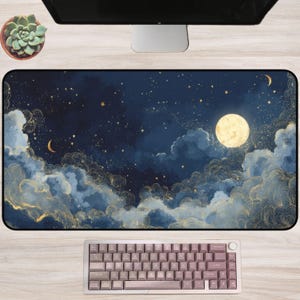 Starry Night Sky Desk Mat, Celestial Moon Desk Pad, Dark Blue Galaxy Gaming Mouse Pad, Large Cosmic Office Mat, Lunar Cloud Decor