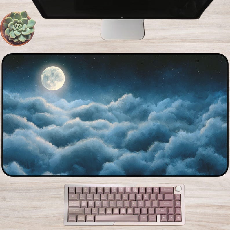 Moonlit Clouds Desk Mat: Blue Watercolor Night Sky, Dreamy Celestial ...
