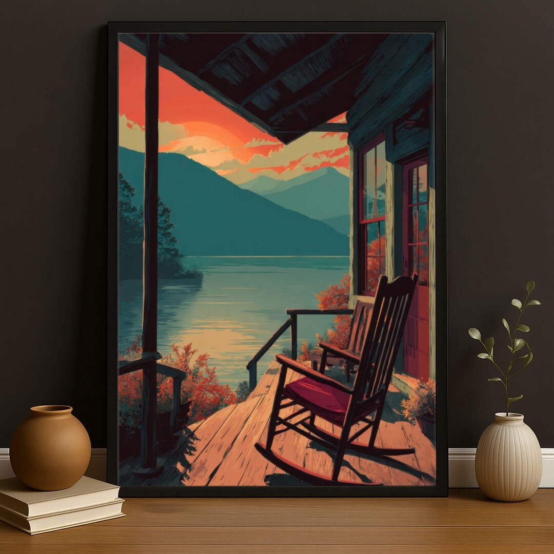 Cozy Cabin Porch Wall Art Print Sunset Lake View Rustic Mountain Lodge ...