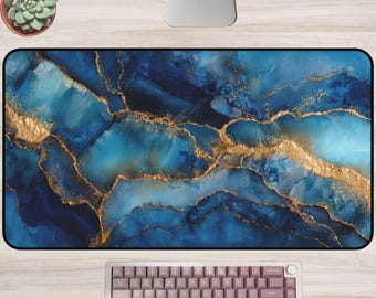 Sapphire Blue Desk Mat: Luxe Deep Stone Texture, Gold Veined Marble Office Decor, Elegant Gemstone Inspired Workspace Art
