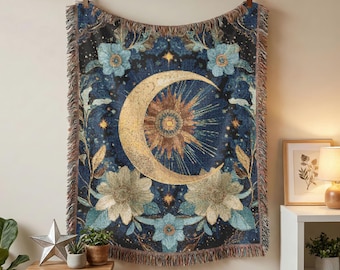 Celestial Moon Woven Blanket: Art Nouveau Floral Throw, Blue Gold Boho Cottagecore Home Decor, Mystical Lunar Tapestry Gift