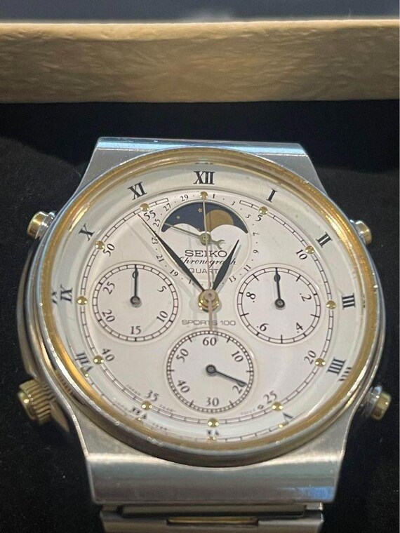 Vintage Seiko Quartz Chronograph Sports 100 Moonphase White Dial 7A48 7009 Mens Watch Etsy Canada