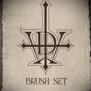Puede incluir: Un juego de pinceles en blanco y negro con un diseño de cruz invertida estilizado y el texto "BRUSH SET".