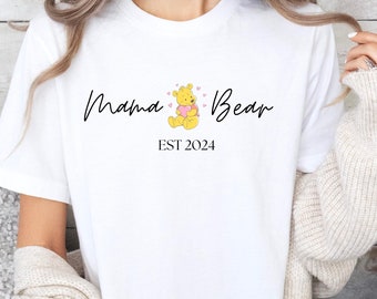 Custom Mama Pooh Bear Shirt, Personalised Mama Bear Est Top, Mother's Day Gift Tshirt, Cute New Mum T Shirt, Custom Mummy To Be Gift T-Shirt
