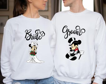 Mickey Minnie Wedding Couple Sweatshirt, Bride Sweater, Groom Jumper, Matching Couples Top