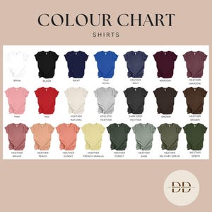 May include: A color chart for shirts, featuring a variety of colors including white, black, navy, red, pink, and various heather shades. The text "COLOUR CHART SHIRTS" is at the top, with the brand logo at the bottom.