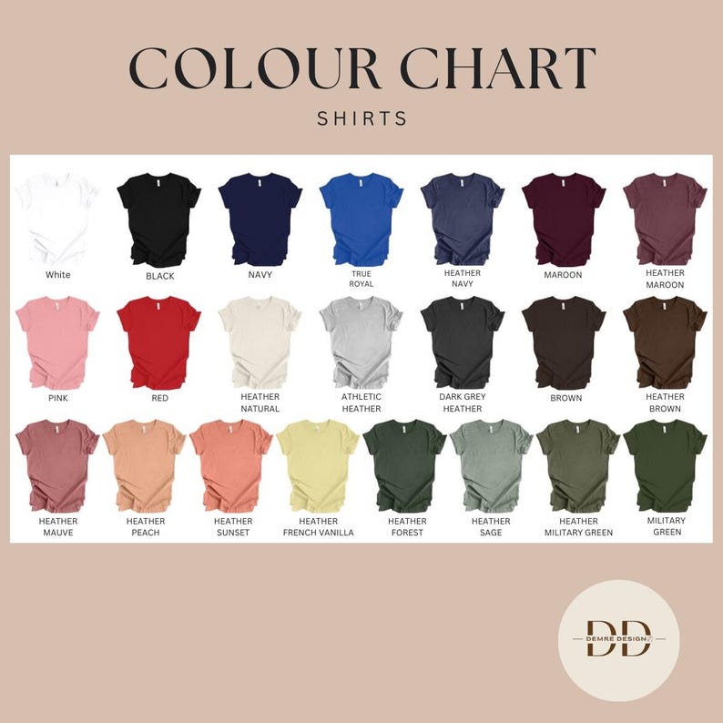 May include: A color chart for shirts, featuring a variety of colors including white, black, navy, red, pink, and various heather shades. The text "COLOUR CHART SHIRTS" is at the top, with the brand logo at the bottom.