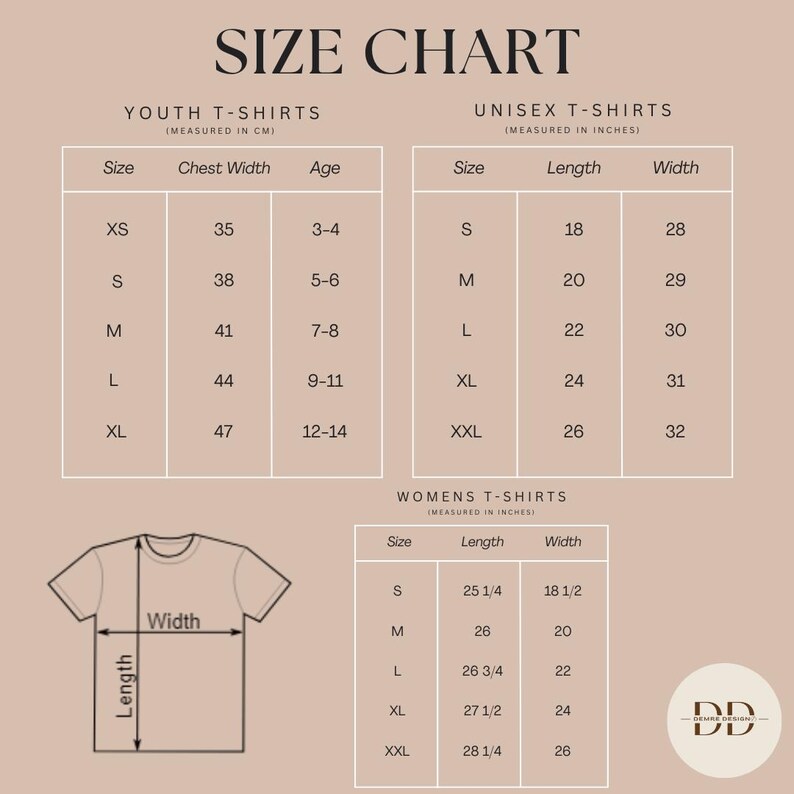 May include: A size chart for t-shirts, with measurements in inches and centimeters. The chart includes sizes for youth, unisex, and women's t-shirts, with chest width, length, and age ranges listed.