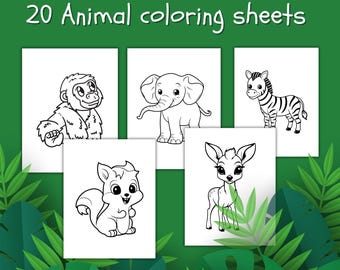 Può includere: Un set di 20 pagine da colorare stampabili con illustrazioni di animali carini. Gli animali includono un gorilla, un elefante, una zebra, un cervo e uno scoiattolo. Queste pagine da colorare sono perfette per bambini di tutte le età.