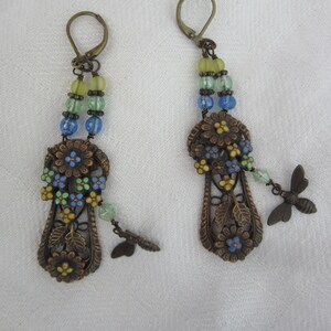 Honey Bee Earrings- Bee Dangles- Vintage Flower Assemblage- Bee Earrings- Flower Earrings- Bee Earrings-One of a Kind Bee Earrings