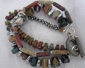 Owl Bracelet-Red Creek Jasper- Triple Strand Bracelet- Creek Jasper Bracelet-Beaded Bracelet-Owl Jewelry-Green Girl Studios