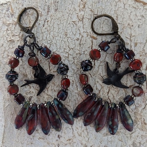 Boho Red Beaded Hoop Earrings: Bird Charm Nature Inspired  Statement Earrings
