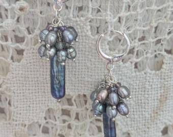 Biwa  Peacock Blue Pearl Cluster Earrings with Tiny Pearls and Crystal beads-Freshwater High Luster Pearls