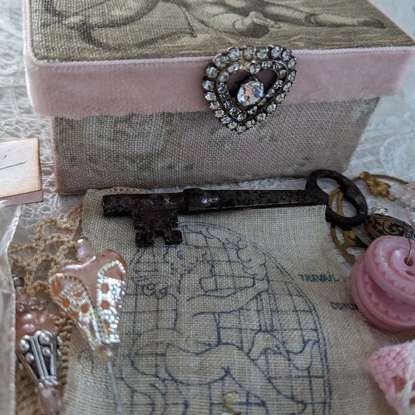 Vintage Haberdashery-Inspiration Box-Creative Box-Angel Fabric Box-Shabby Box-Journal Box-Vintage Pink Lace-Handmade Lace-Vintage Key