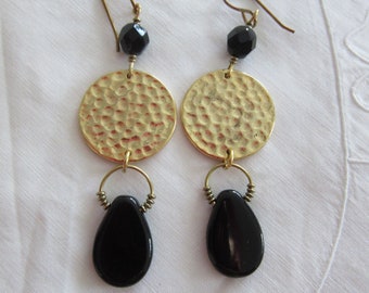 Black Gold Hammered Tear Drop Earrings-Black Gold Earrings-Long Black Gold Earrings-Elegant Black Gold Earrings