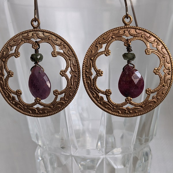 Genuine Ruby Hoop Earrings-Hoop Earrings-Fancy Hoop Earrings-Brass Hoop Earrings-Genuine Ruby Tourmaline Hoop Earrings