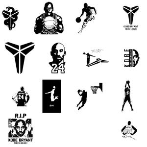 May include: Black and white illustrations of basketball player Kobe Bryant. Images include Bryant playing basketball, a silhouette of Bryant, and the text "Kobe Bryant" and "Mamba Mentality".