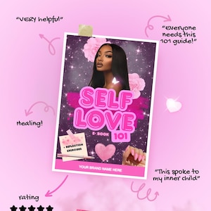 Puede incluir: Una portada de libro electrónico rosa y morado con el título "Self Love 101" y el subtítulo "E-Book". La portada presenta a una mujer con cabello negro largo y una mariposa rosa. La portada también incluye el texto "Ejercicios de reflexión" y "Tu nombre de marca aquí".