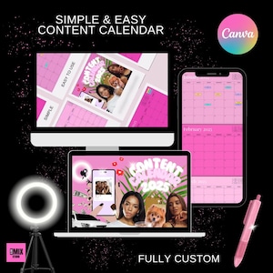 May include: A pink and white digital content calendar template with the text "SIMPLE & EASY CONTENT CALENDAR" at the top. The template is shown on a computer screen, a laptop screen, and a smartphone screen. The template is customisable and includes a calendar for each month of the year. The text "FULLY CUSTOM" is at the bottom of the image.