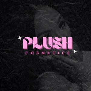 May include: A logo for Plush Cosmetics, featuring the word "PLUSH" in a pink, stylized font with a shadow effect. The word "COSMETICS" is below in a smaller, pink font. The background is a dark, textured pattern with a faint image of a person.