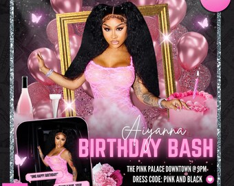 Pode incluir: Um convite para uma festa de aniversário rosa com o texto "Aiyanna Birthday Bash". A imagem apresenta uma mulher em um vestido rosa, balões rosa e um bolo rosa. O convite inclui o código de vestimenta, o local e as informações de RSVP.